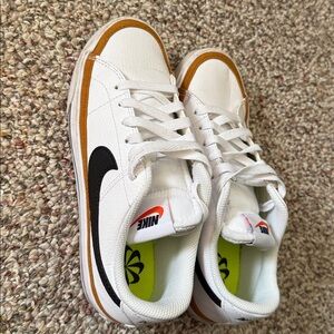 Nike Court Legacy White and Tan Sneakers with Black Swoosh